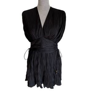 FREE PEOPLE Bonny Mini Dress Black Plunging Smocked Waist Tie Back SZ S